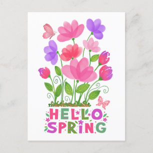 Hallo Frühlingspink und Purple Blumen & Schmetterl Postkarte