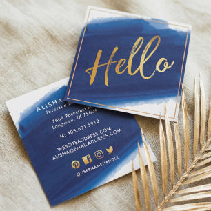 Hallo Gold Script   Navy Watercolor Brush Stroke Quadratische Visitenkarte