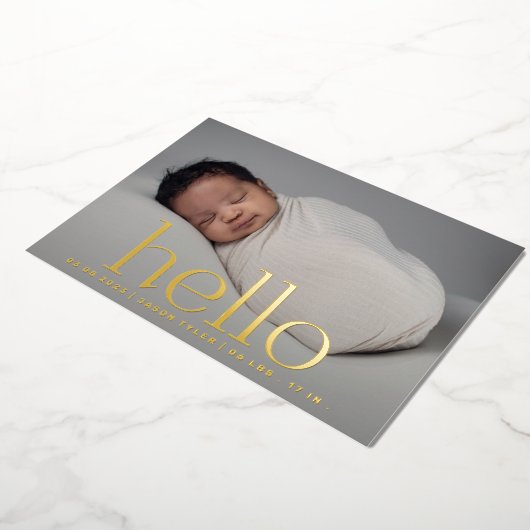 hallo goldfarbene, moderne, klassische Foto-Geburt Folieneinladung (Gedreht)