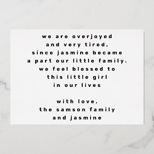 hallo goldfarbene, moderne, klassische Foto-Geburt Folieneinladung (Rückseite)