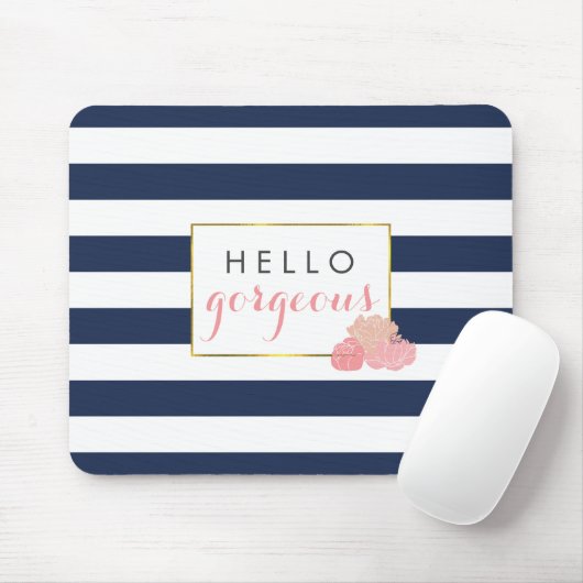 Hallo Gorgeous | Navy Strip & Blush Peony Mousepad (Mit Mouse)