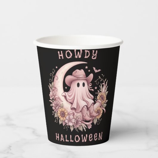 Hallo Halloween Boho Western Geist auf Mond Pappbecher (Vorderseite)
