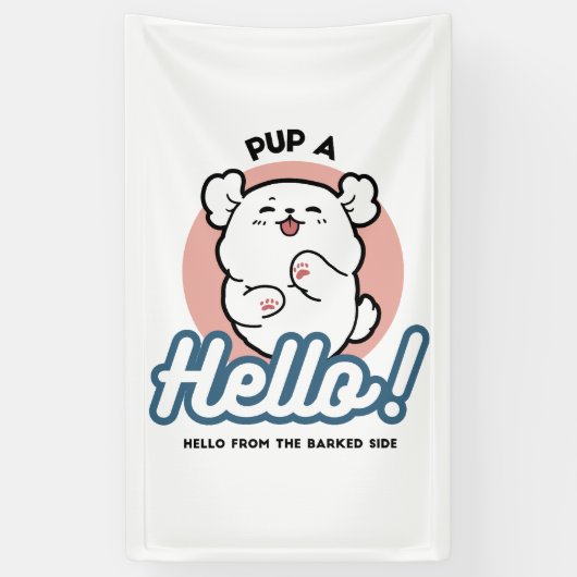 Hallo! - Happy White Dog Cartoon Design Banner (Vertikal)
