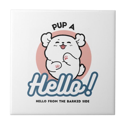 Hallo! - Happy White Dog Cartoon Design Fliese (Vorderseite)