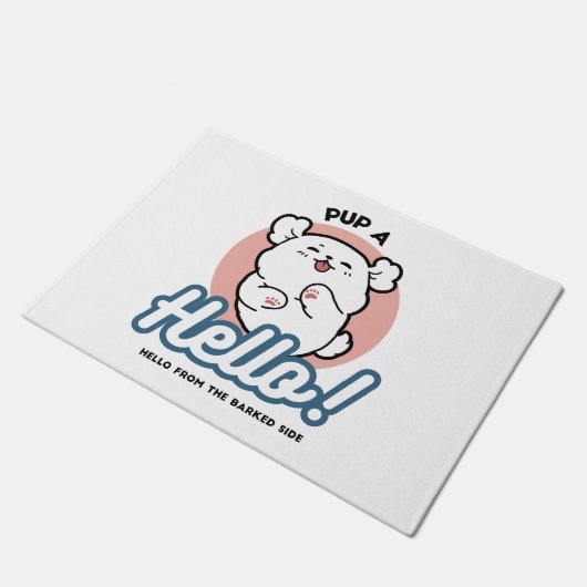 Hallo! - Happy White Dog Cartoon Design Fußmatte (Schrägansicht)