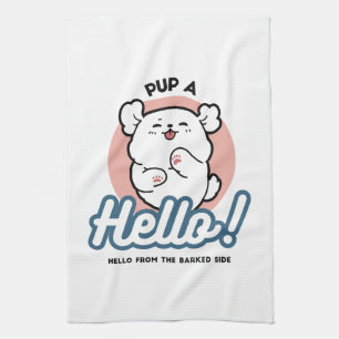 Hallo! - Happy White Dog Cartoon Design Geschirrtuch