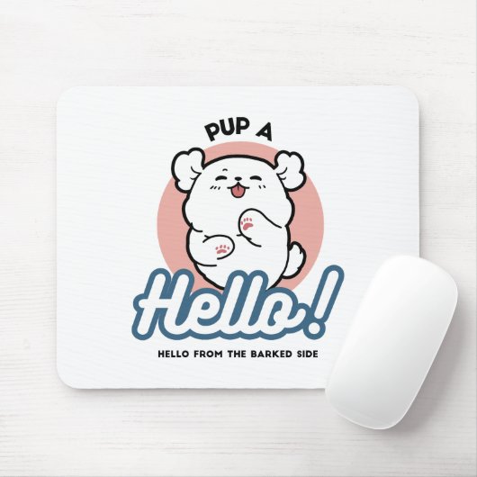 Hallo! - Happy White Dog Cartoon Design Mousepad (Mit Mouse)