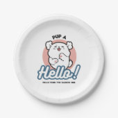 Hallo! - Happy White Dog Cartoon Design Pappteller (Vorderseite)