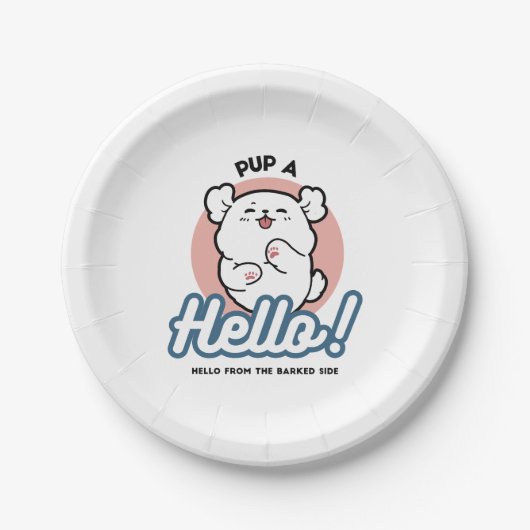 Hallo! - Happy White Dog Cartoon Design Pappteller (Vorderseite)