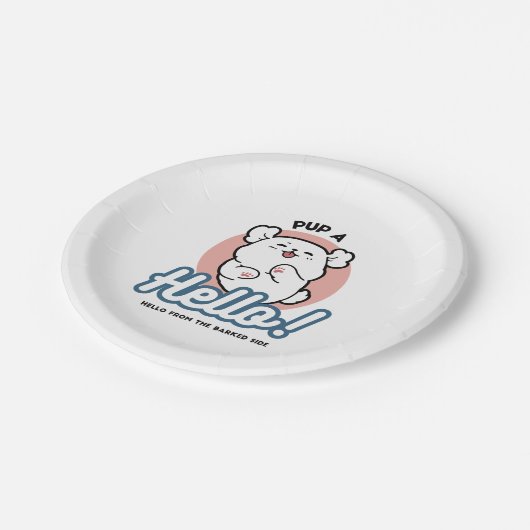 Hallo! - Happy White Dog Cartoon Design Pappteller (Schrägansicht)