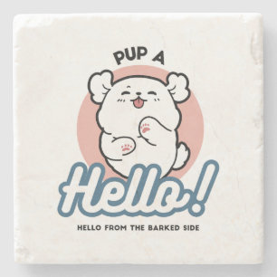 Hallo! - Happy White Dog Cartoon Design Steinuntersetzer