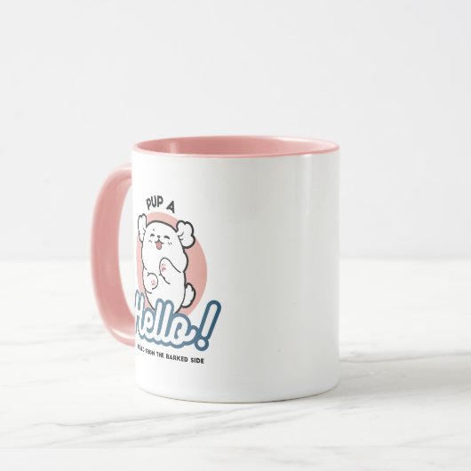 Hallo! - Happy White Dog Cartoon Design Tasse (Vorderseite Links)