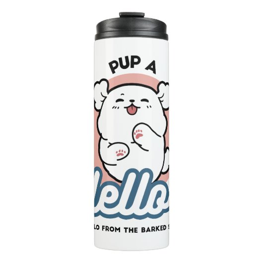 Hallo! - Happy White Dog Cartoon Design Thermosbecher (Vorderseite)