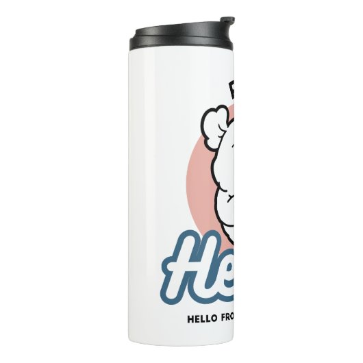 Hallo! - Happy White Dog Cartoon Design Thermosbecher (Nach links gedreht)