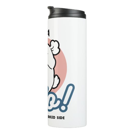 Hallo! - Happy White Dog Cartoon Design Thermosbecher (Nach rechts gedreht)