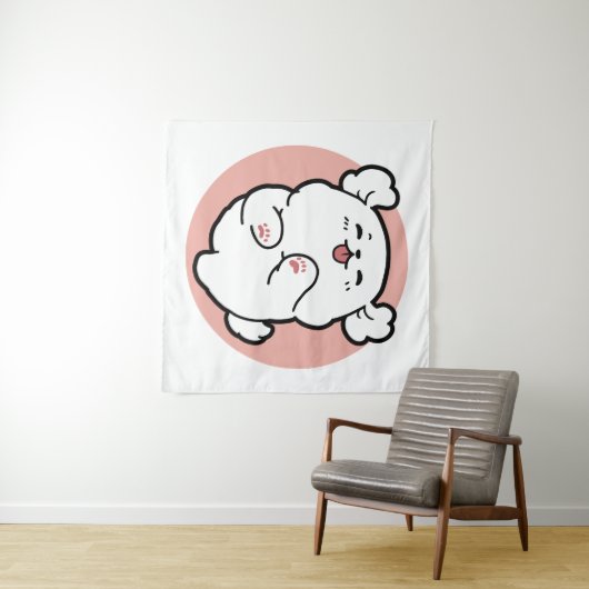 Hallo! - Happy White Dog Cartoon Design Wandteppich (Beispiel (Horizontal))