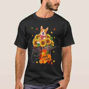 Hallo Herbst Corgi Hund In Sonnenblumen Blätter He T-Shirt