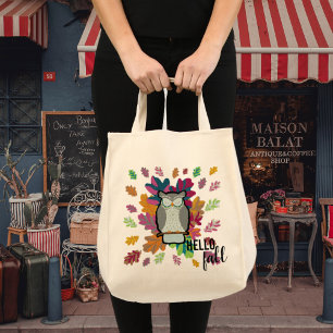 Hallo Herbst Eule Herbstblätter Whimsical Tragetasche