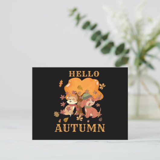 Hallo Herbst - Hunde Katzenblättern Herbst Blätter Postkarte (Stehend Vorderseite)