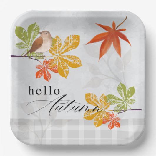 Hallo Herbst mit Bird und Herbstlauben Pappteller (Vorderseite)