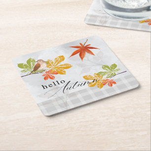 Hallo Herbst mit Bird und Herbstlauben Rechteckiger Pappuntersetzer
