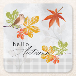 Hallo Herbst mit Bird und Herbstlauben Rechteckiger Pappuntersetzer