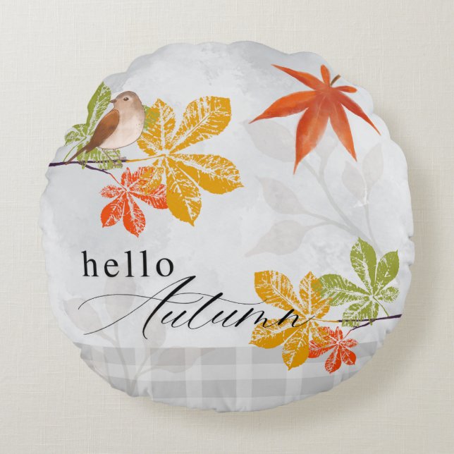 Hallo Herbst mit Bird und Herbstlauben Rundes Kissen (Vorderseite)