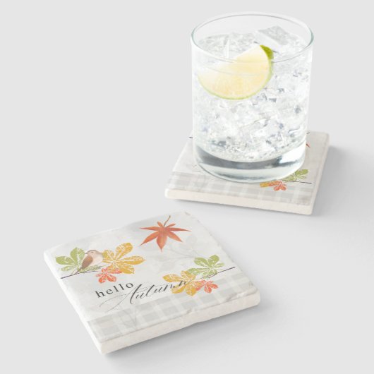 Hallo Herbst mit Bird und Herbstlauben Steinuntersetzer (Seitenansicht)