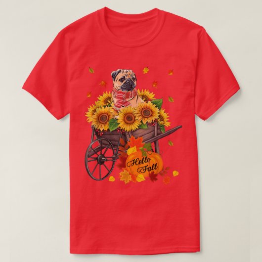Hallo Herbst Mops Hund in Sonnenblumen Blätter Her T-Shirt (Design vorne)