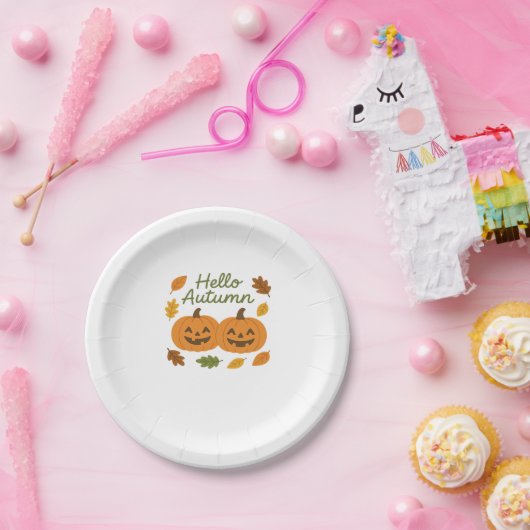 Hallo Herbst Niedlich Lächeln Pumpkins Klassischer Pappteller (Party)