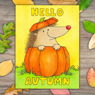 Hallo Herbst - Süßer Igel in einem Kürbis Postkarte
