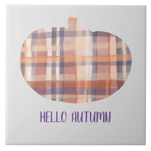 Hallo Herbstkürbis Tartan Aquarell grau Orange Fliese (Vorderseite)