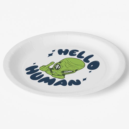 Hallo humane lustige Alien Pappteller (Schrägansicht)