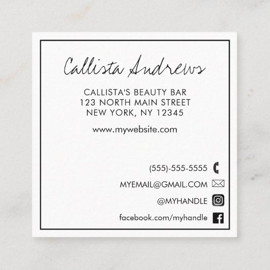 Hallo ich zitiere moderne Schwarz-weiße Typografie Quadratische Visitenkarte (Rückseite)