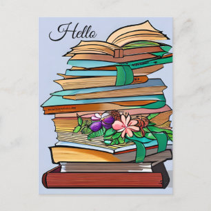 Hallo, In Kontakt bleiben Stapel Bücher Postkarte
