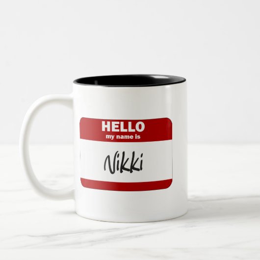 Hallo ist mein Name Nikki (rot) Zweifarbige Tasse (Links)