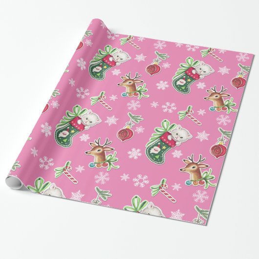 Hallo Kitten Weihnachts-Wrapping Papier in Pink Geschenkpapier (Ungerollt)