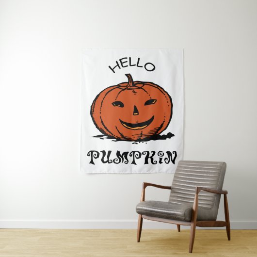 Hallo Kürbis Jack-o-Laterne Illustration, Schwarz Wandteppich (Beispiel)