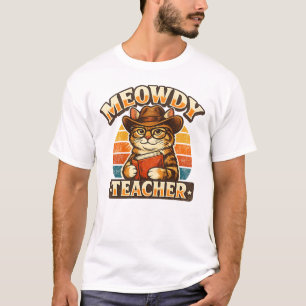 Hallo-Lehrer Vintage-Katze-Cowboy-Design T-Shirt