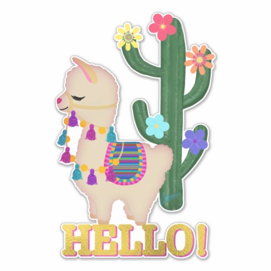 Hallo ! Llama und Cactus | Whimsical Llama Aufkleber (Vorderseite)