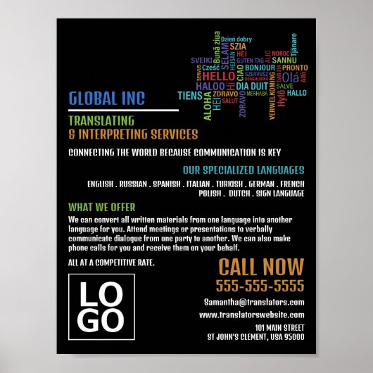 Hallo Logo, Übersetzer und Dolmetscher Poster (Vorne)
