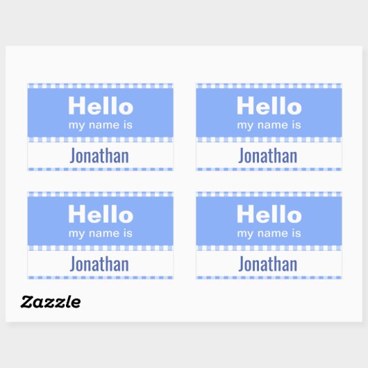 Hallo Mein Name ist - Gingham blau und weiß Rechteckiger Aufkleber (Blatt)