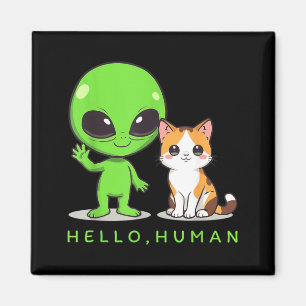 Hallo Mensch Grüner Außerirdischer Katze Niedlich Magnet