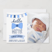 Hallo Mister Blue Bow Krawatte Foto Boy Birth Ankündigung (Vorderseite)