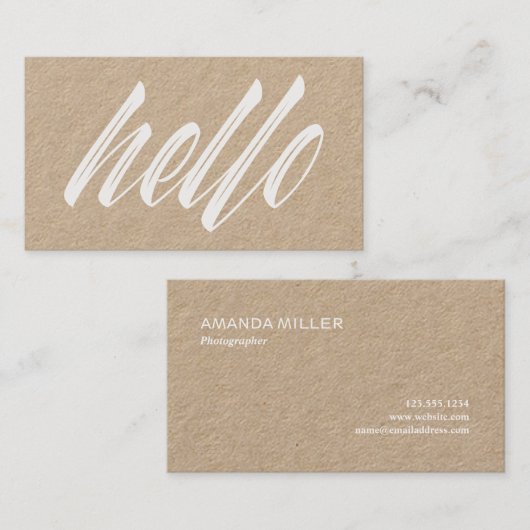 Hallo Modern White Script Rustic Kraft Visitenkarte (Vorne/Hinten)