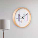 Hallo moderne gestreifte bunte Typografie Runde Wanduhr<br><div class="desc">Moderne Maueruhr mit roter,  lila,  lila und weißer HELLO-Typografie mit bunten vertikalen Streifen.</div>