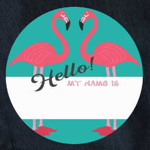 Hallo Name Tag mit rosa Flamingo und aquamarin Runder Aufkleber