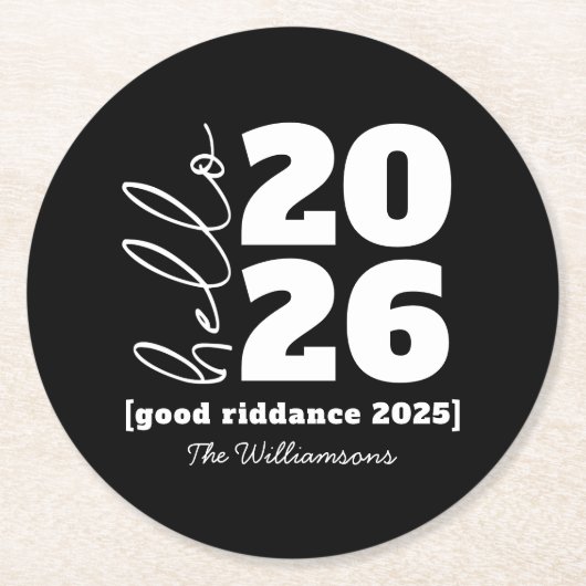 Hallo Neues Jahr Fett Schwarz-weißer Name Jahr Runder Pappuntersetzer (Vorderseite)