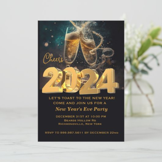 Hallo Neues Jahr Schwarzes Gold Modernes Add Year Einladung (Stehend Vorderseite)