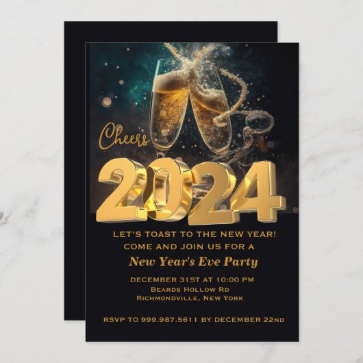 Hallo Neues Jahr Schwarzes Gold Modernes Add Year Einladung (Vorne/Hinten)